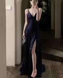 Elegant V-neck Sequin Graduation Dresses Women's Sexy Backless Split Bandage Runway Robe Summer Luxury Formal Occasion Clothes