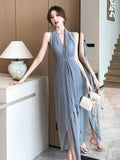 New French Summer Vintage Slim Sleeveless V Neck Strapless Long Dresses Sexy Fashion Backless Irregular Women's Prom Dress