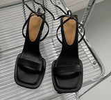  New Gladiator Street Women Sandals Summer Hollow High Heels Ankle Lace-up Party Dress Square Toe Shoes