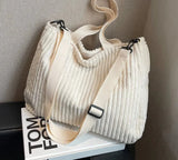 Solid Soft Corduroy Handbags for Women Winter Shoulder Side Bag Vintage Large Shopper Shopping Bags Zipper Totes