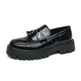 Thick Bottom Men's Business Patent Leather Shoes Slip-on Tassel Shoes Student Office Loafers Black Shoes Kerae