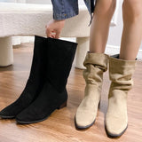 Women's Natural Suede Western Boots Thick Pointed Short Boots Vintage Pleated Fashion Boots Women's Autumn