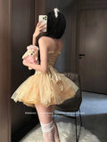 Medieval Retro Princess 2-piece Set Women Tube Top Mini Skirt Lace Frill Textured Boned Corset Elastic Waist Tutu Gown