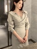 Autumn New Dress Women V-neck Folds Design Lace Up Puff Sleeves Solid Mermaid Elegant France Vintage Office Lady Vestidos
