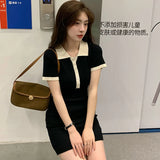 Polo Dresses For Women Summer New Single Breasted Tight Dress Contrast Color One Pieces Korea Short Sleeve Slit Mini Skirt