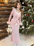 Autumn Winter Lace-up Knitted Skirt Suits Long Sleeve Fur Collar Slim Waist Birthday Party Womens Two Pieces Set Female Clothing