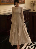 Elegant Ruffles Midi Dress Women Lantern Sleeve High Waist A-line Solid Autumn Spring Female Evening Party Vestidos Robe New