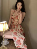 Summer Sexy Beach Style Party Dress Women Korean Casual One Piece Sleeveless Floral Long Dress Lady V-neck Outwear