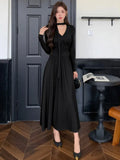 Elegant Solid Pleated Knitted Dress for Women Autumn V-Neck Long Sleeve Slim Party A-Line Chic Vestidos Female Evening Dresses