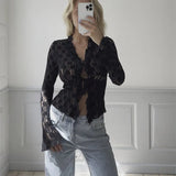 Elegant Women Summer Lace Floral Tops Flare Long Sleeve Tie Front Sheer Slim Crop Cardigan Clubwear blusa mujer moda