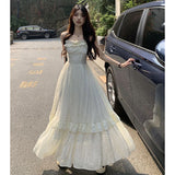 Vintage Ruffle Dress Women Korean Solid Sweet Elegant Preppy Midi Dress Summer Casual Sleeveless Spaghetti Straps A Line Dress