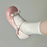 Crystal Bowtie Pink Mary Jean Lolita Shoes Women Spring Patent Leather Low Heels Pumps Woman Japan Round Toe Cosplay Shoes