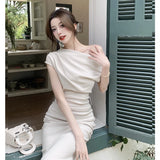 French Temperament Celebrity Wind Sexy Strapless Oblique Collar Dress Female Spring and Summer Slim Open Package Hip Long Dress