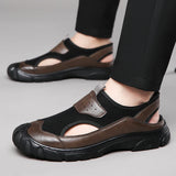 Men Mesh Sandals Summer New Fashion Slide Slippers Outdoor Genuine Leather Non-slip Shoes Beach Slip-On Sandals Travel Slippers