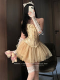 Medieval Retro Princess 2-piece Set Women Tube Top Mini Skirt Lace Frill Textured Boned Corset Elastic Waist Tutu Gown