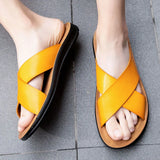 Fashion Men Real Leather Slippers Summer New Black White/red/yellow Cross Over Slippers Men's Leisure Comfort Flat Sandals