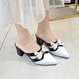 Women's Slippers and Ladies Sandals Jewels Summer Crystals Slides Pointed Toe Shoes Black Heeled Mules Rhenstone with Bow Y