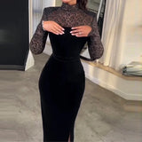 Temperament Embroidery Turtleneck Lace-Mesh Party Dress Solid Color See-through Midi Dress Women Long Sleeve Velvet Dresses