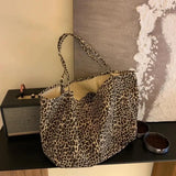 Vintage Leopard Print Tote Bag Handbag Women Retro Large Capacity Casual Shoulder Bags Female Harajuku Canvas Y2k Bags