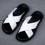 Fashion Men Real Leather Slippers Summer New Black White/red/yellow Cross Over Slippers Men's Leisure Comfort Flat Sandals
