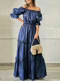 Elegant Sexy Off Shoulder Maxi Dress Women Ruffled Summer Dress Half Sleeve Bandage Elastic Waist Solid Long Robe Vestidos