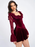 Lace Flare Long Sleeve Sexy Mini Dress For Women Elegant Burgundy Lace-up Square Collar Backless Club Party Dress