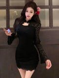 Sexy Black Womens Dresses Elegant Lace Patchwork Flare Long Sleeves Half Open Collar Bodycon Party Mini Dress Short Vestidos