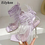 Rhinestone Butterfly-knot Transparent Square Toe Women Sandals Summer Fashion Cross-tied  High Heels Shoes