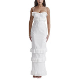 Lace Long Dresses White Low Cut Spaghetti Strap Sleeveless High Split Long Dresses y2k Aesthetic Dress Women Party Clubwear