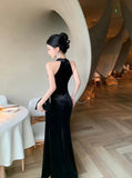 Vintage Luxurious Evening Wedding Party Black Long Dresses for Women Elegant Bodycon Mesh Patchwork Velvet Prom Female Clothing