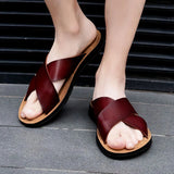 Fashion Men Real Leather Slippers Summer New Black White/red/yellow Cross Over Slippers Men's Leisure Comfort Flat Sandals