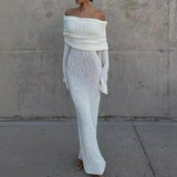 Elegant Knit Maxi Dress Long Flare Sleeve White Ladies Guest Luxury Off Shoulder Beach Event Party Evening Dress Summer