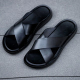 Fashion Men Real Leather Slippers Summer New Black White/red/yellow Cross Over Slippers Men's Leisure Comfort Flat Sandals