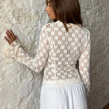 Elegant Women Summer Lace Floral Tops Flare Long Sleeve Tie Front Sheer Slim Crop Cardigan Clubwear blusa mujer moda