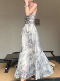 Fashion New Women Summer Spaghetti Strap Floral Dress Sleeveless Vintage Casual A-Line Party Birthday Long Dresses Female Robe