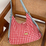 Plaid Red Shoulder Bag for Women Elegant Casual College Style Large Capacity Backpack Cute Sweet Harajuku Fashion Bag