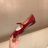  New Square Toe Glossy Leather Flats Women Bowknot Mary Jane Shoes Female Red Dance Ballets Party Ball Bridal Wedding Shoes