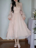 Summer Pink Chiffon Vintage Fairy Dress Women Korean Style Elegant Party Midi Dress Female Court Retro Flare Sleeve Dresses