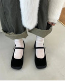 Women Mary Janes Shoes Female Retro Velvet Square Toe Loafers New Casual Pumps Girls Fashion Shallow Buckle Mid High Heels