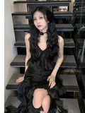 Japanese Sexy Dark Sleeveless V-neck Women Dresses Cascading Ruffles Asymmetrical Femme Robe Harajuku Summer Camisole Dress