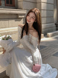 Autumn Fashion White Knitted Dress Women Elegant Sexy Off Shoulder Slim A-Line Robe Korean Spring Casual Long Sleeve Clothing