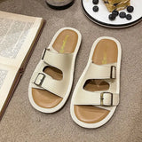 Leather Indoor Flat Open Toe Slides Shoes for Women Rubber Summer House Woman Slippers Home Bedroom Sandals Original Shoe