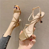 Silver Gold Sandals Elegant Fashion Designer Rhinestone Summer New Medium Heel Shoes Dress Woman Stiletto Heels Party Sexy