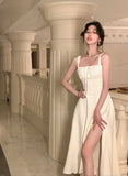 New White Vintage Split Slip Dress Sleeveless A-line Elegant Bohemian Sexy Fishbone Bandage Dresses Female Summer Backless