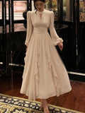 Elegant Ruffles Midi Dress Women Lantern Sleeve High Waist A-line Solid Autumn Spring Female Evening Party Vestidos Robe New