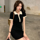 Polo Dresses For Women Summer New Single Breasted Tight Dress Contrast Color One Pieces Korea Short Sleeve Slit Mini Skirt