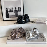 Small Silver Crossbody Bags for Women  Korean Fashion Designer Female Bucket Bag Lady Chain Drawstring Handbags