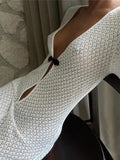 Women's Sexy Deep V Neck Crochet Dress Y2k See Through Knit Long Dress Beach Cut Out Long Sleeve Long Dress White