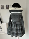 Autumn Winter Mini Knit Slash Neck Dress Women Long Sleeve Frocks 2000s Aesthetic One-Piece Gyaru Thick Contrast Color Striped