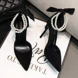 Black Women's Pumps Summer New Brand Design String Bead Pearls Wedding Bridal High Heels Sexy Pointed Toe Party Dance Shoes